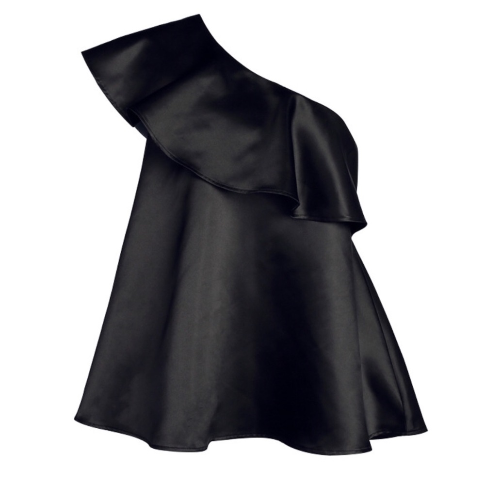 🌞 Black One Shoulder Satiny Long Ruffle Top - Picture 7 of 7